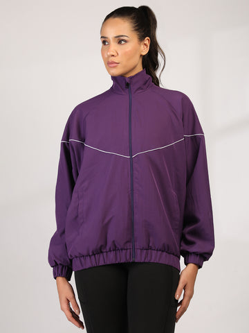 Women Winter Sports Oversized Windcheater Hooded Jacket Purple