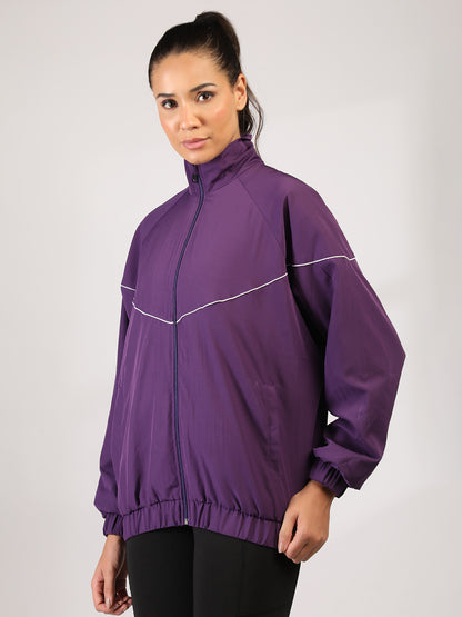 Women Winter Sports Oversized Windcheater Hooded Jacket Purple