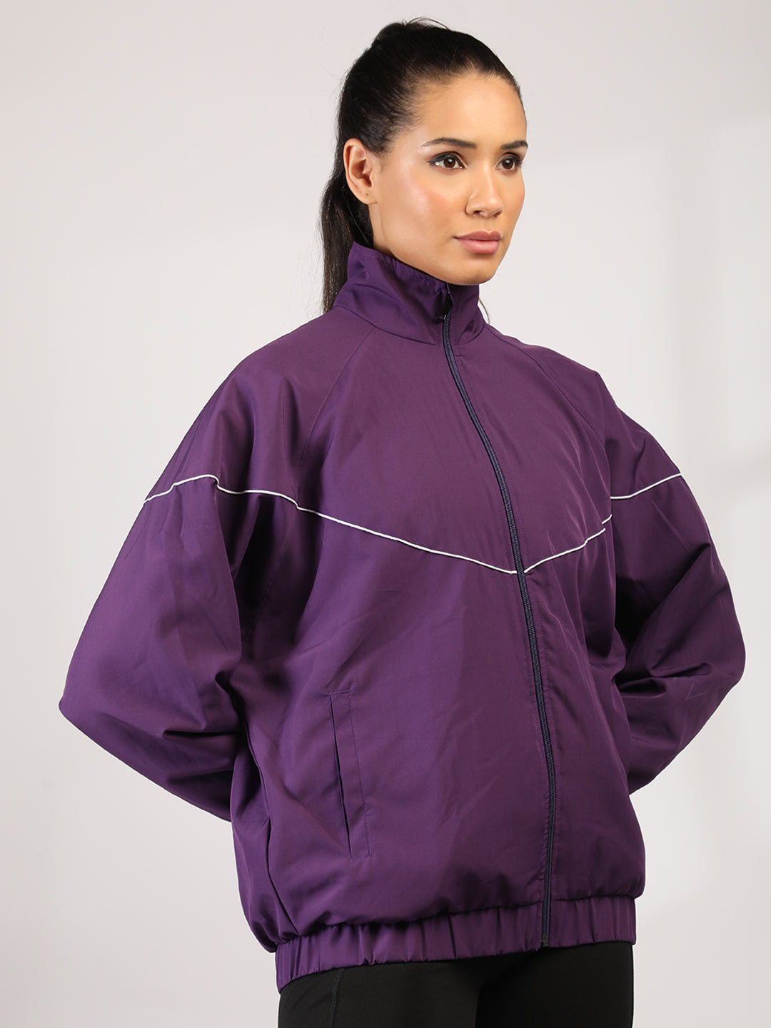 Women Winter Sports Oversized Windcheater Hooded Jacket Purple