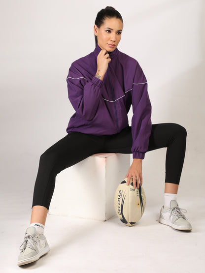 Women Winter Sports Oversized Windcheater Hooded Jacket Purple