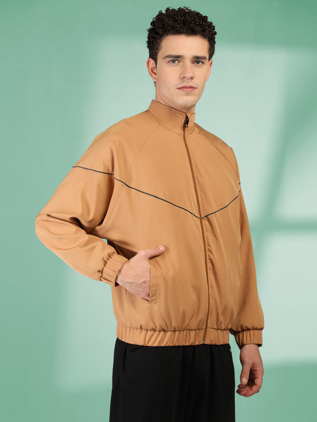 Men Winter Sports Regular Fit Windcheater Jacket Camel