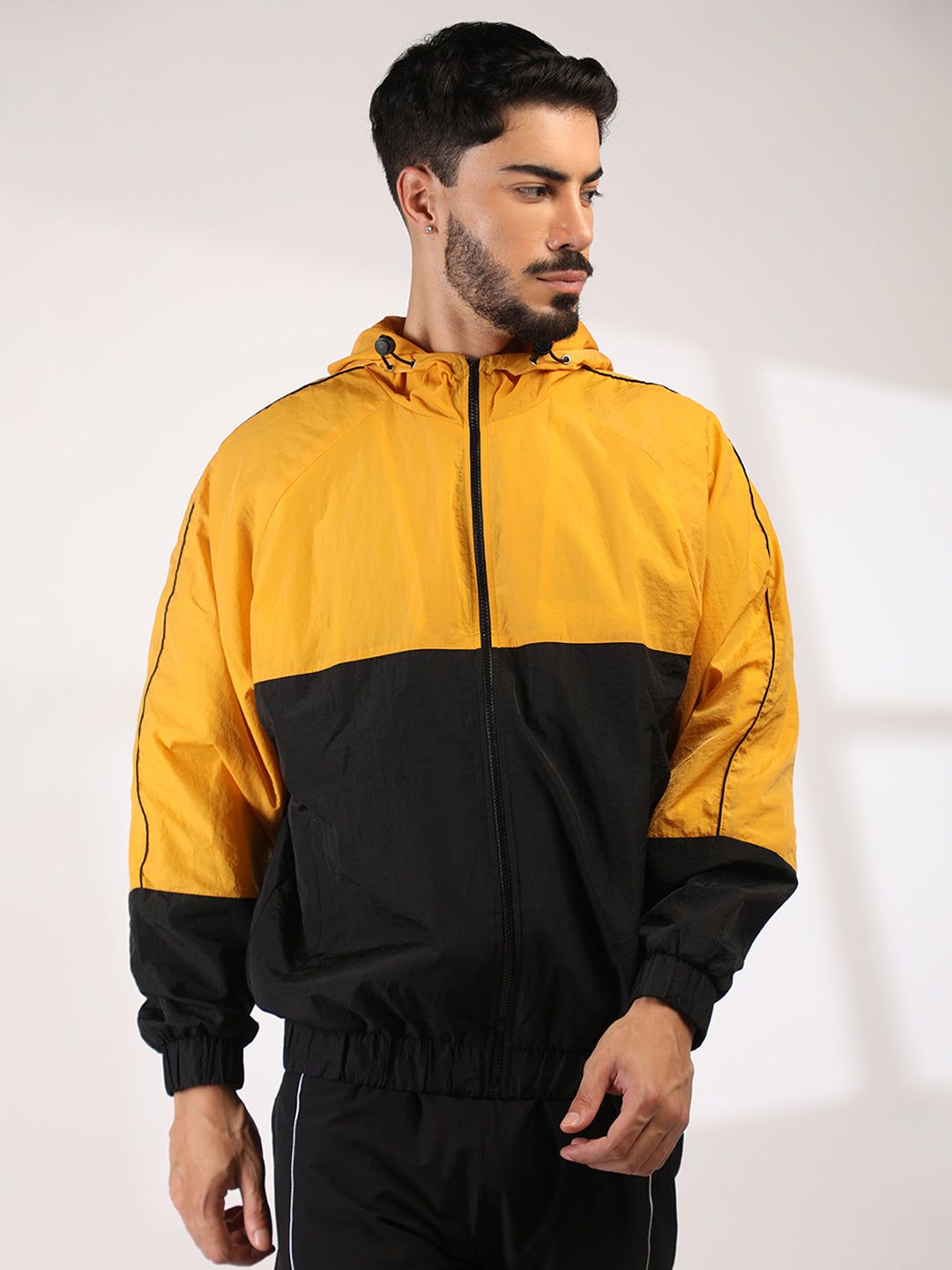 Men Hooded Windcheater Oversized Sports Jacket Yellow Black