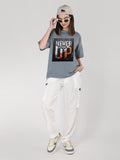 Women Oversized Round Neck Drop Shoulder Printed Cotton T-Shirt