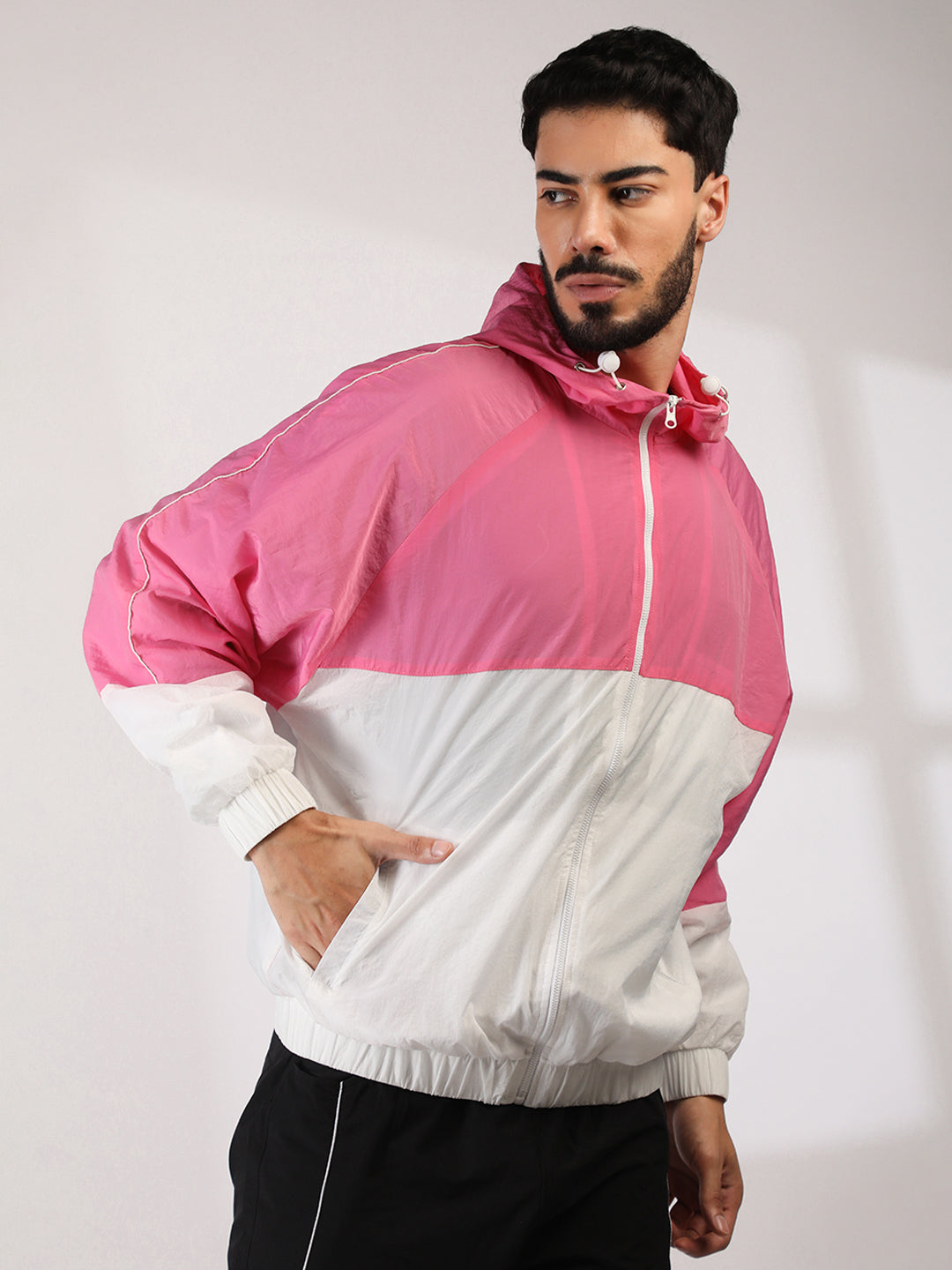 Men Hooded Windcheater Oversized Sports Jacket Pink White