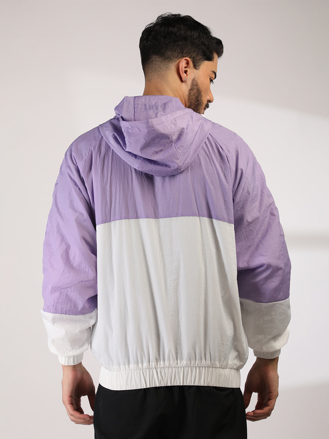 Men Hooded Windcheater Oversized Sports Jacket Lavender White