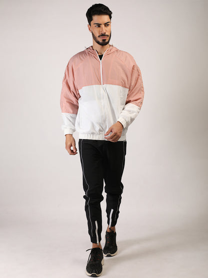 Men Hooded Windcheater Oversized Sports Jacket Peach White