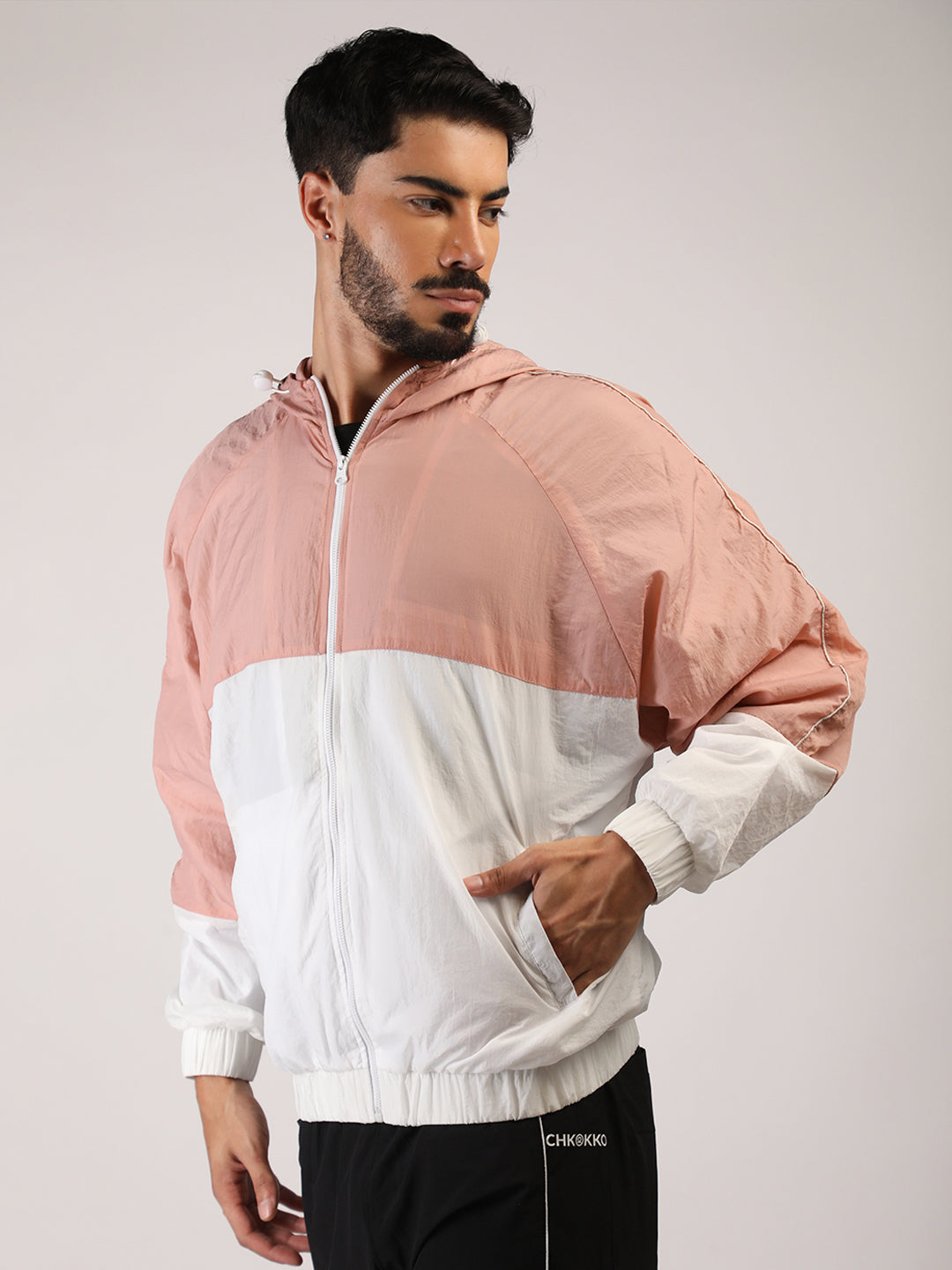 Men Hooded Windcheater Oversized Sports Jacket Peach White
