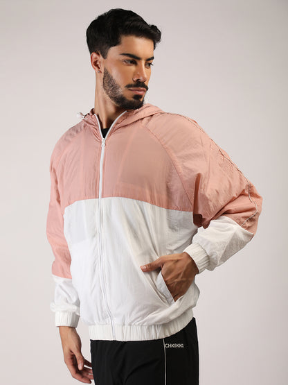 Men Hooded Windcheater Oversized Sports Jacket Peach White