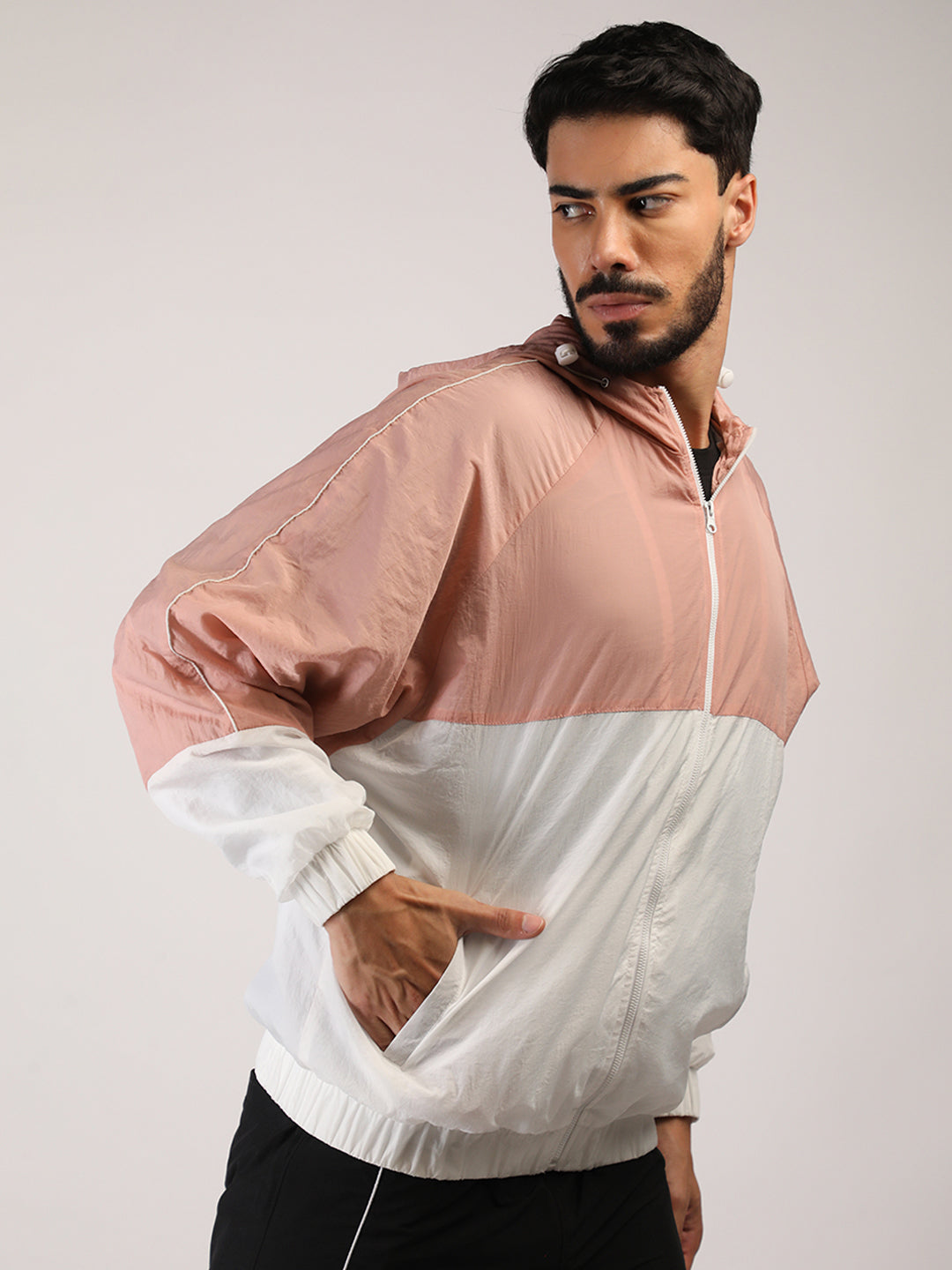 Men Hooded Windcheater Oversized Sports Jacket Peach White