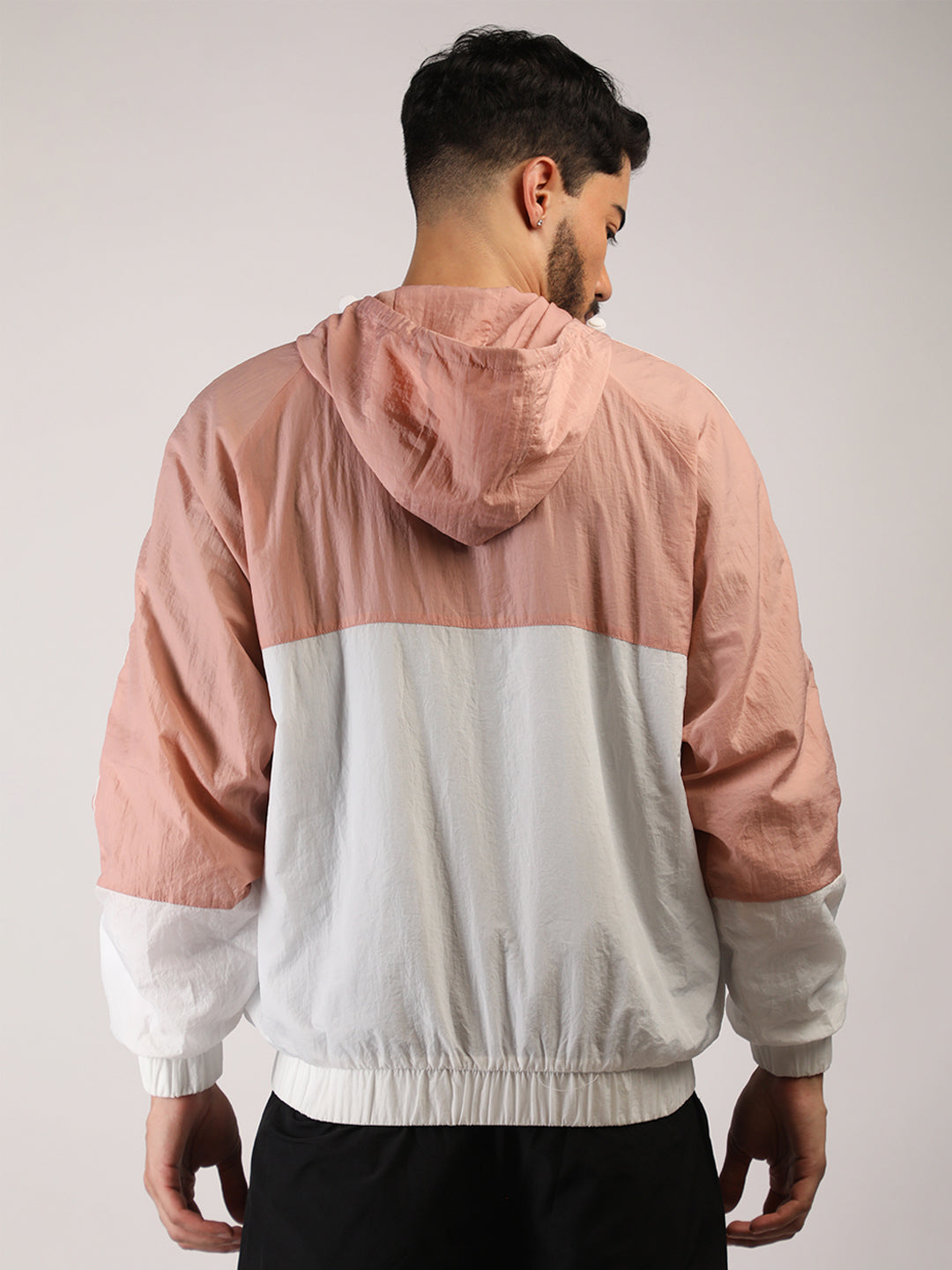 Men Hooded Windcheater Oversized Sports Jacket Peach White