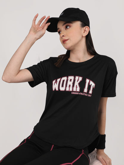 Women Round Neck Dry Fit Gym Sports T-Shirt Black