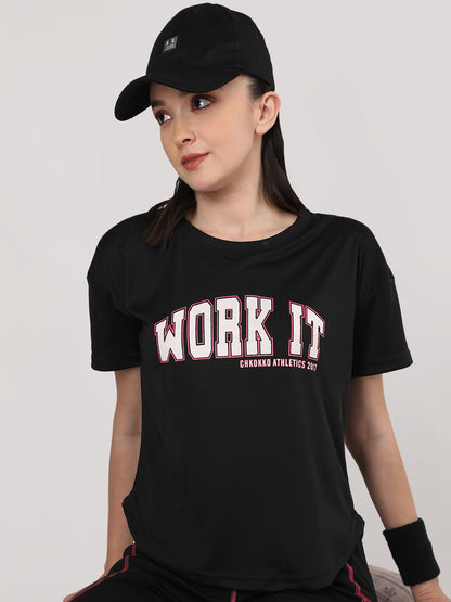 Women Round Neck Dry Fit Gym Sports T-Shirt Black