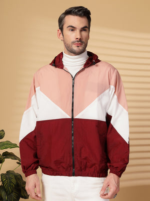 Men Colourblocked Hooded Windcheater Oversized Sports Jacket