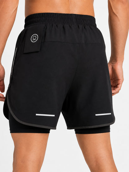 Men Double Layered Sports Running Shorts Black Grey