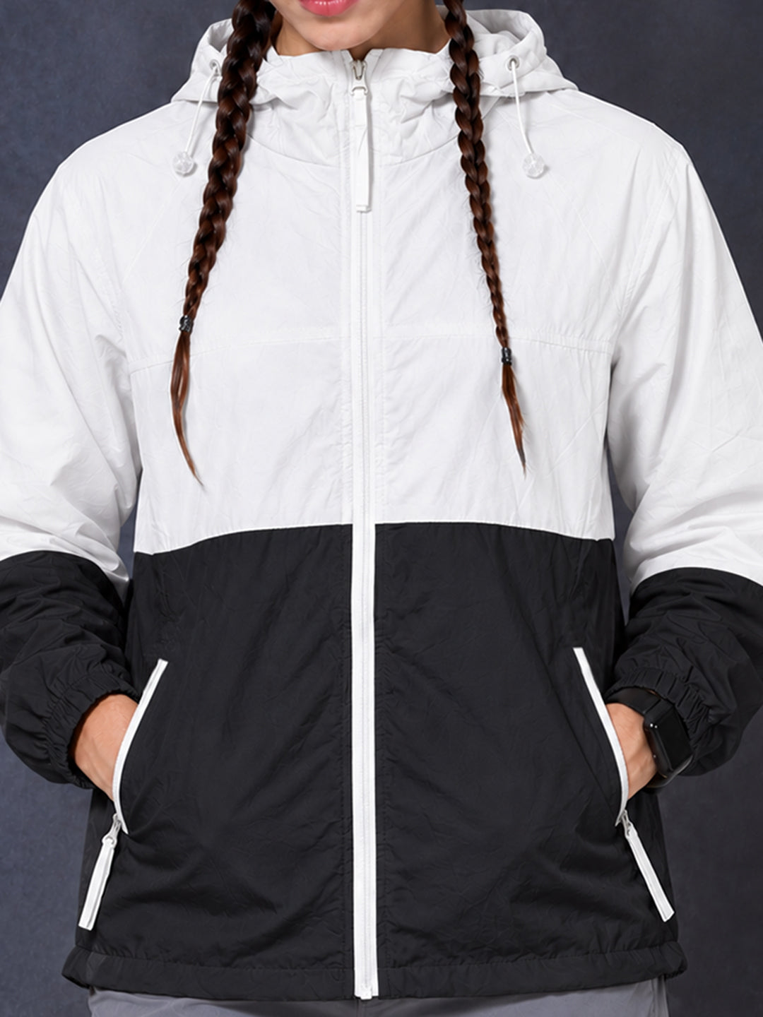 Women’s White Black Lightweight Hooded Windcheater Jacket