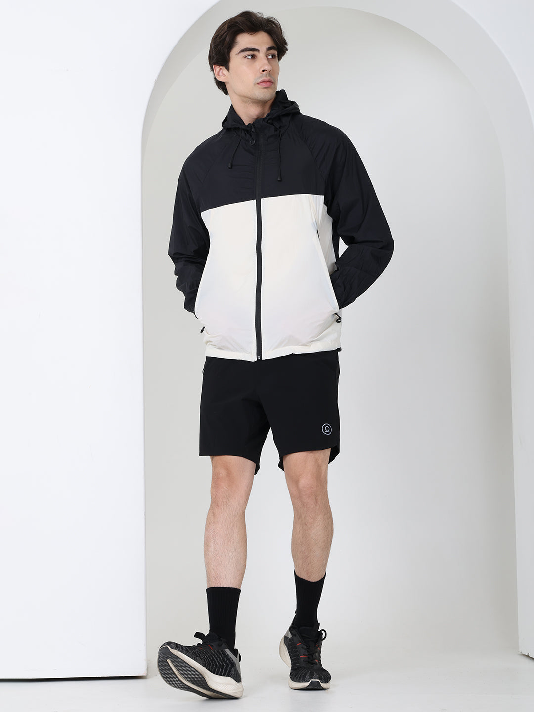 Men’s Black white Lightweight Hooded Windcheater Jacket