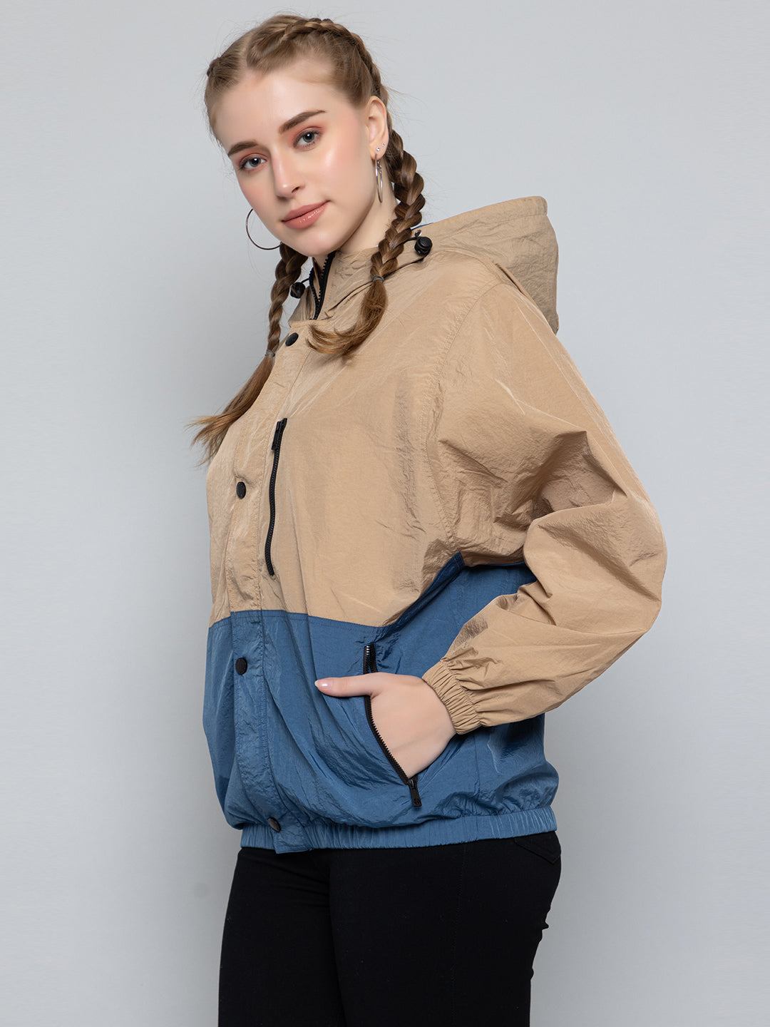 Women Colourblocked Hooded Windcheater Oversized Sports Jacket