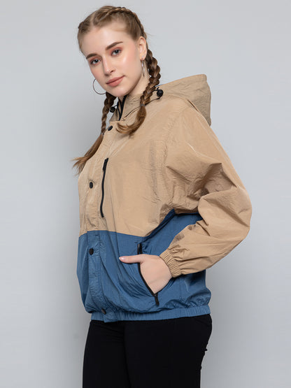 Women Colourblocked Hooded Windcheater Oversized Sports Jacket