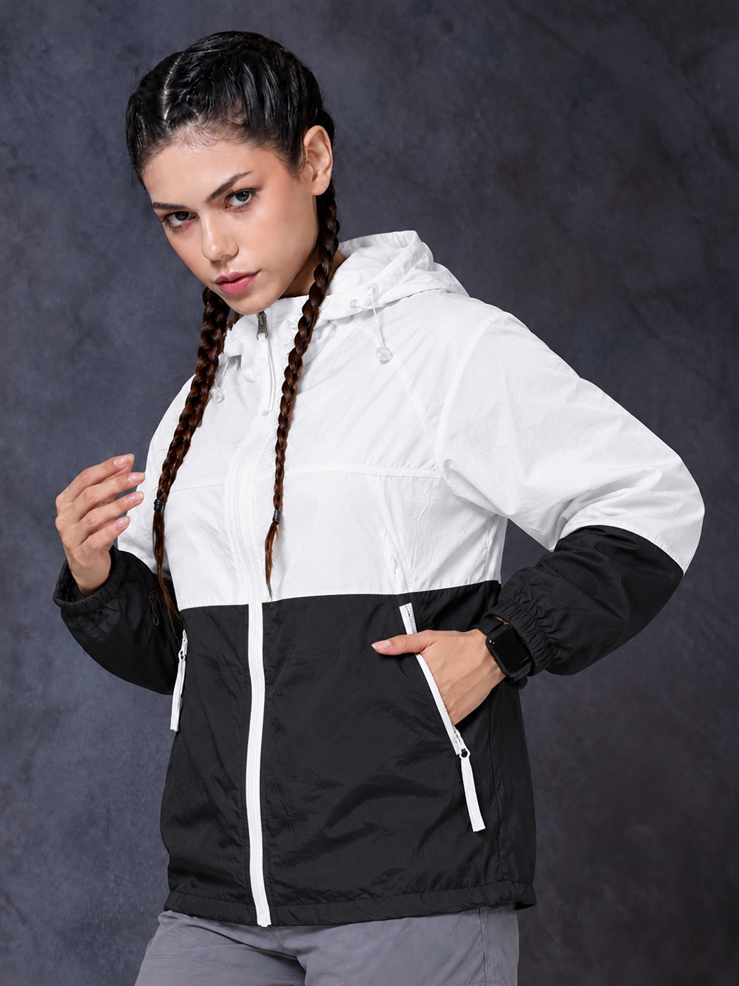 Women’s White Black Lightweight Hooded Windcheater Jacket