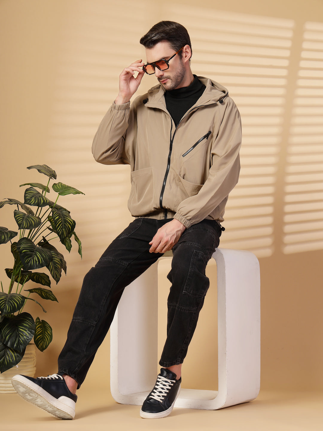 Men Winter Sports Oversized Windcheater Hooded Jacket Khaki