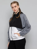 Women Colourblocked Hooded Windcheater Oversized Sports Jacket