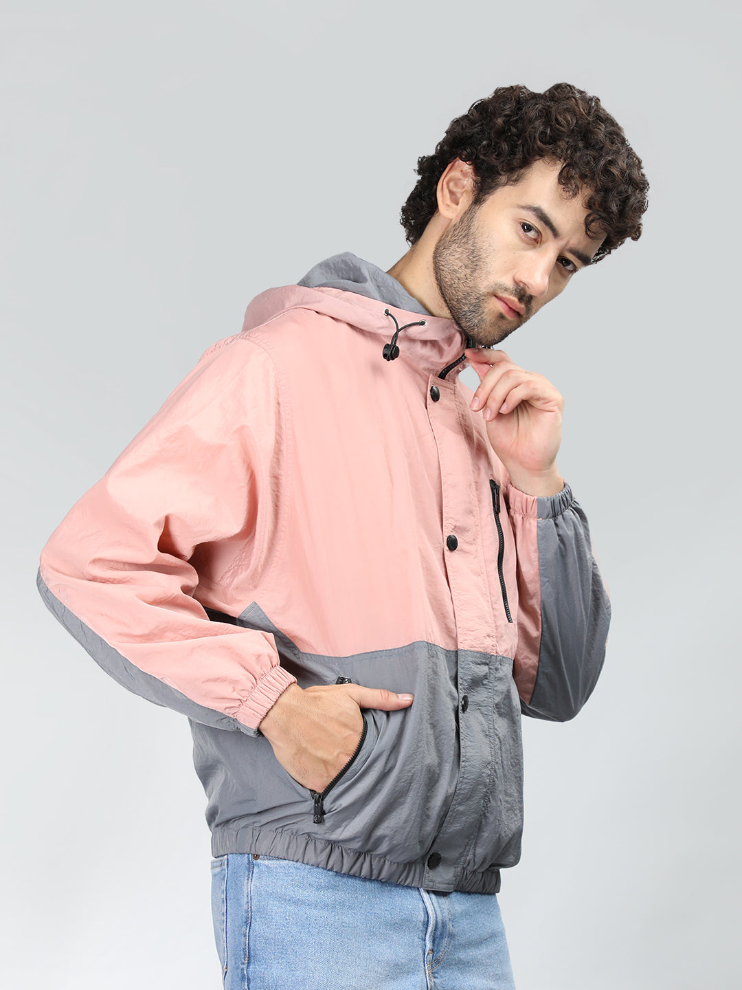 Men Colourblocked Hooded Windcheater Oversized Sports Jacket