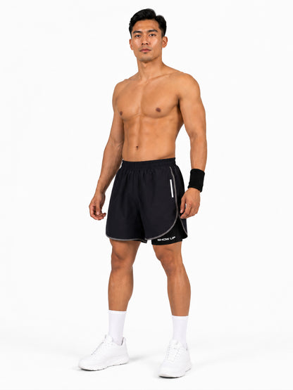 Men Double Layered Sports Running Shorts Navy Gray