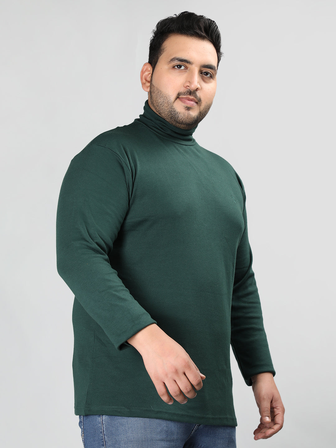 Men Bottle Green Winter Wear Cotton High Neck Regular Fit T Shirt