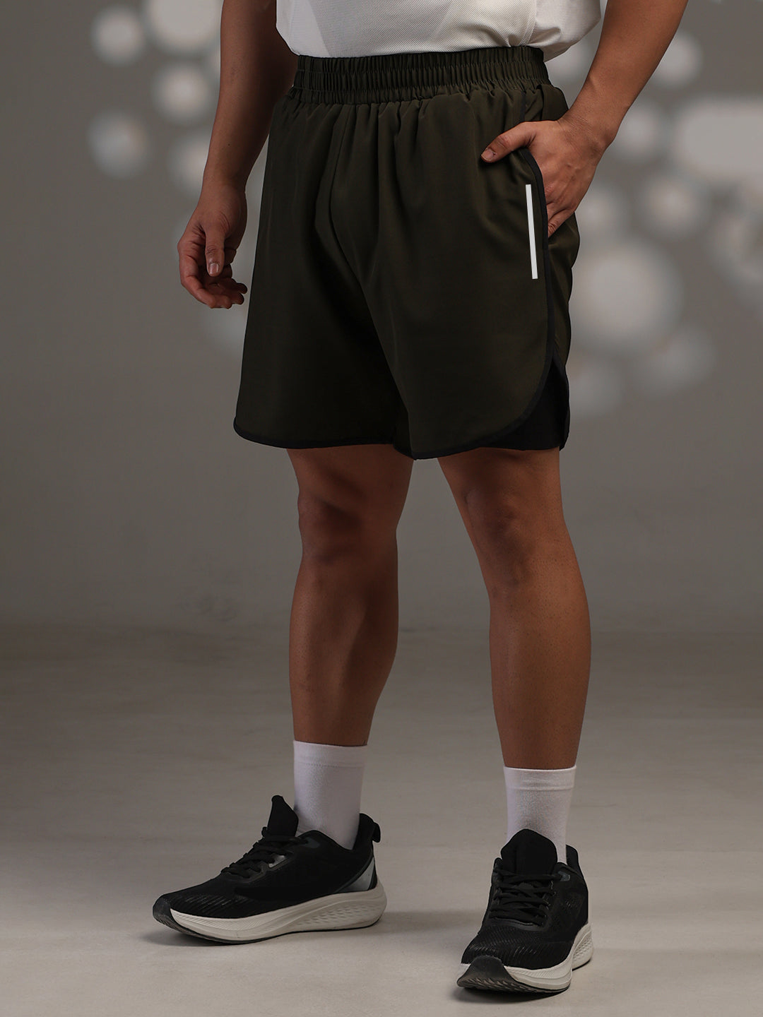 Men Double Layered Sports Running Shorts Olive Black