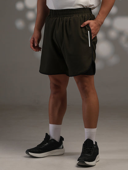 Men Double Layered Sports Running Shorts Olive Black