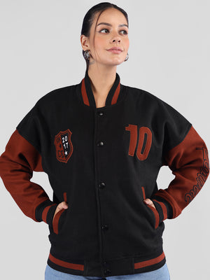 Women Oversized Winter Wear Varsity Jacket with Ribbed Cuffs