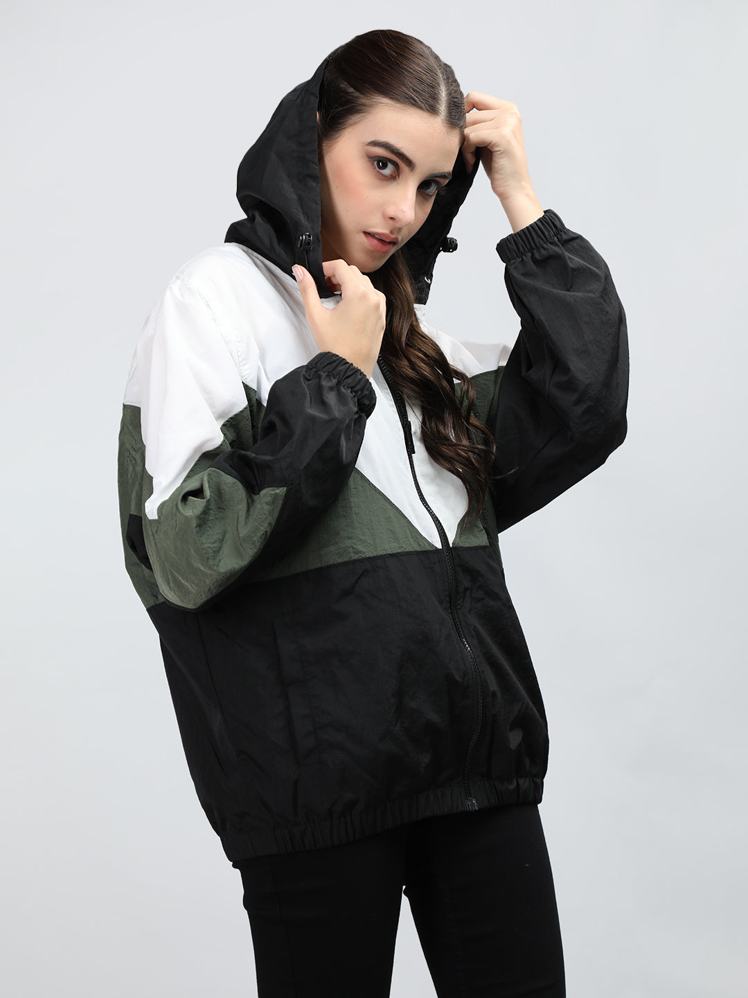 Women Colourblocked Hooded Windcheater Oversized Sports Jacket