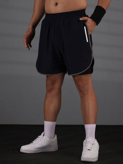 Men Double Layered Sports Running Shorts Navy Gray