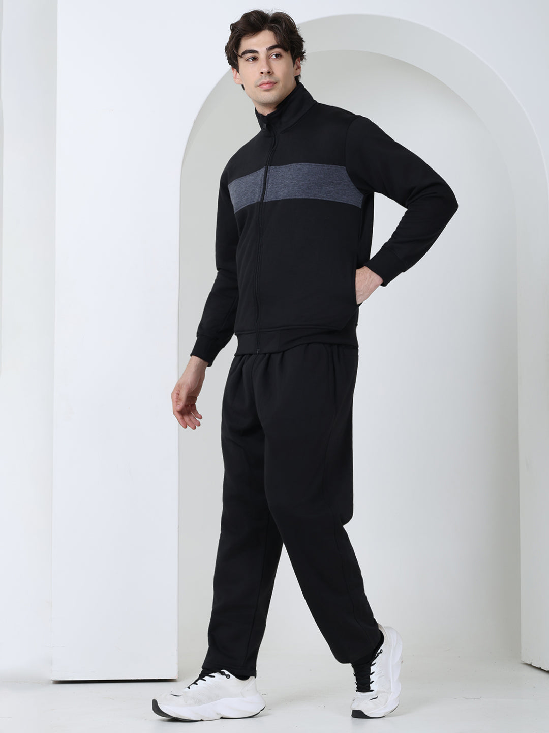 Black Grey Heavy Fleece Winter Tracksuit Men