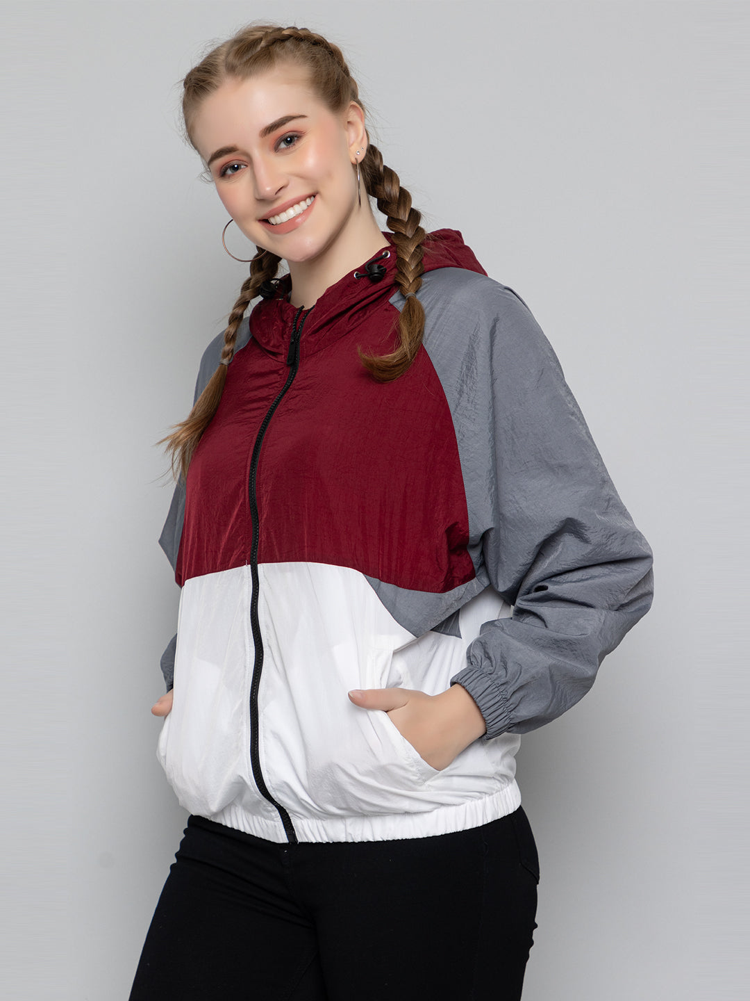 Women Colourblocked Hooded Windcheater Oversized Sports Jacket
