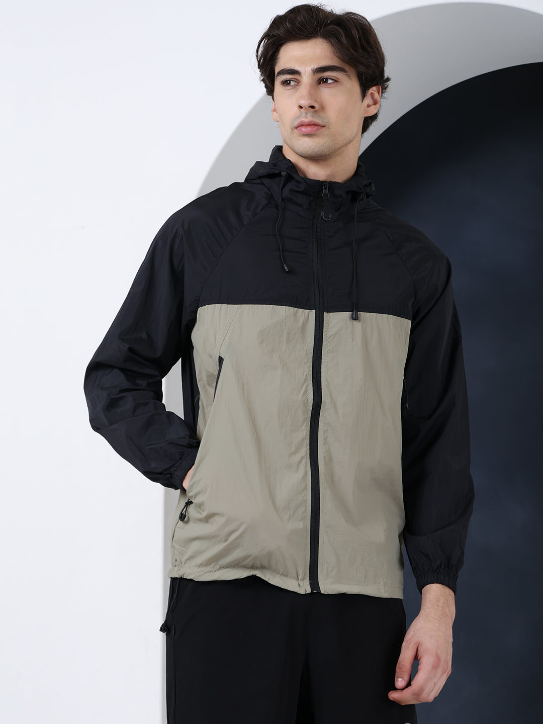 Men’s Black Green Lightweight Hooded Windcheater Jacket