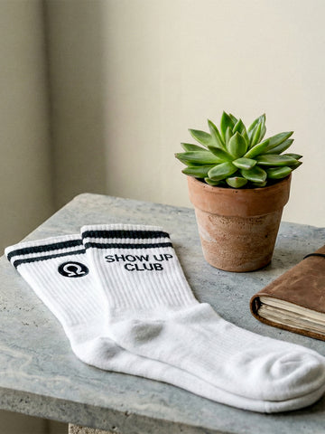 CHKOKKO Show Up Club Crew Socks – White with Black Stripes