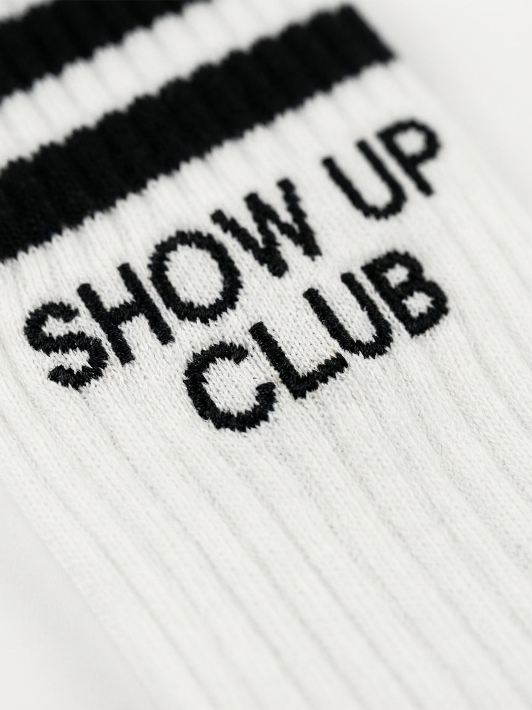CHKOKKO Show Up Club Crew Socks – White with Black Stripes