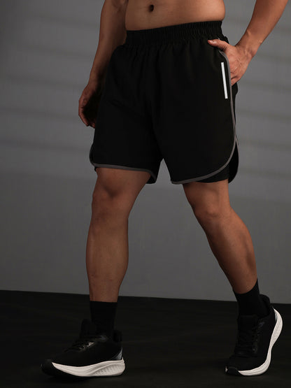 Men Double Layered Sports Running Shorts Black Grey