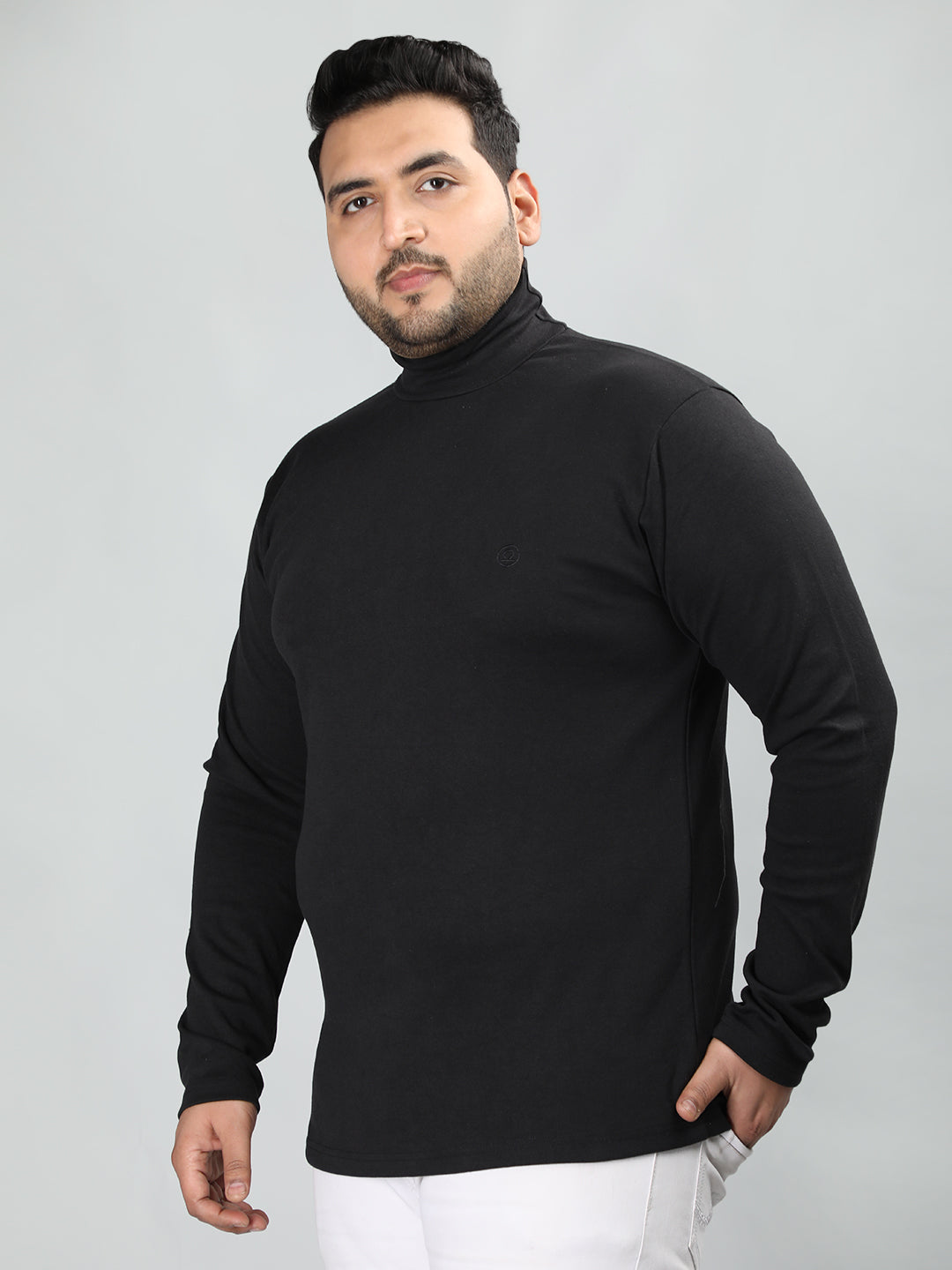 Men Black Winter Wear Cotton High Neck Regular Fit T Shirt