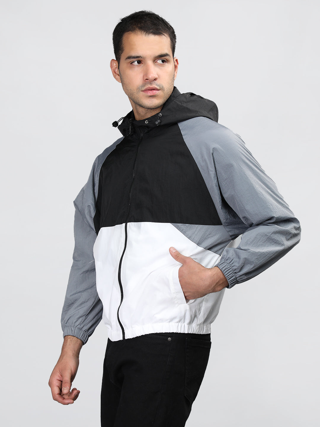 Men Black White Hooded Windcheater Oversized Sports Jacket