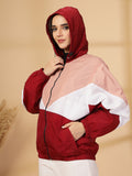 Women Colourblocked Hooded Windcheater Oversized Sports Jacket