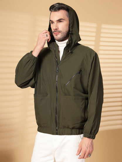 Men Winter Sports Oversized Windcheater Hooded Jacket Olive