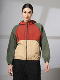 Women Colourblocked Hooded Windcheater Oversized Sports Jacket