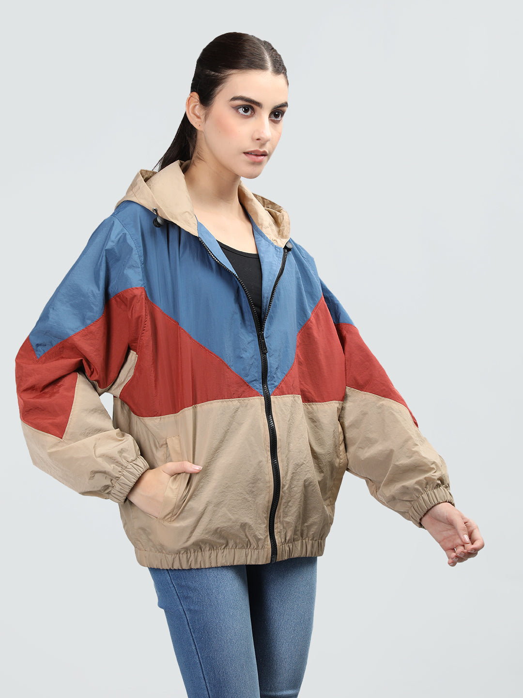 Women Colourblocked Hooded Windcheater Oversized Sports Jacket