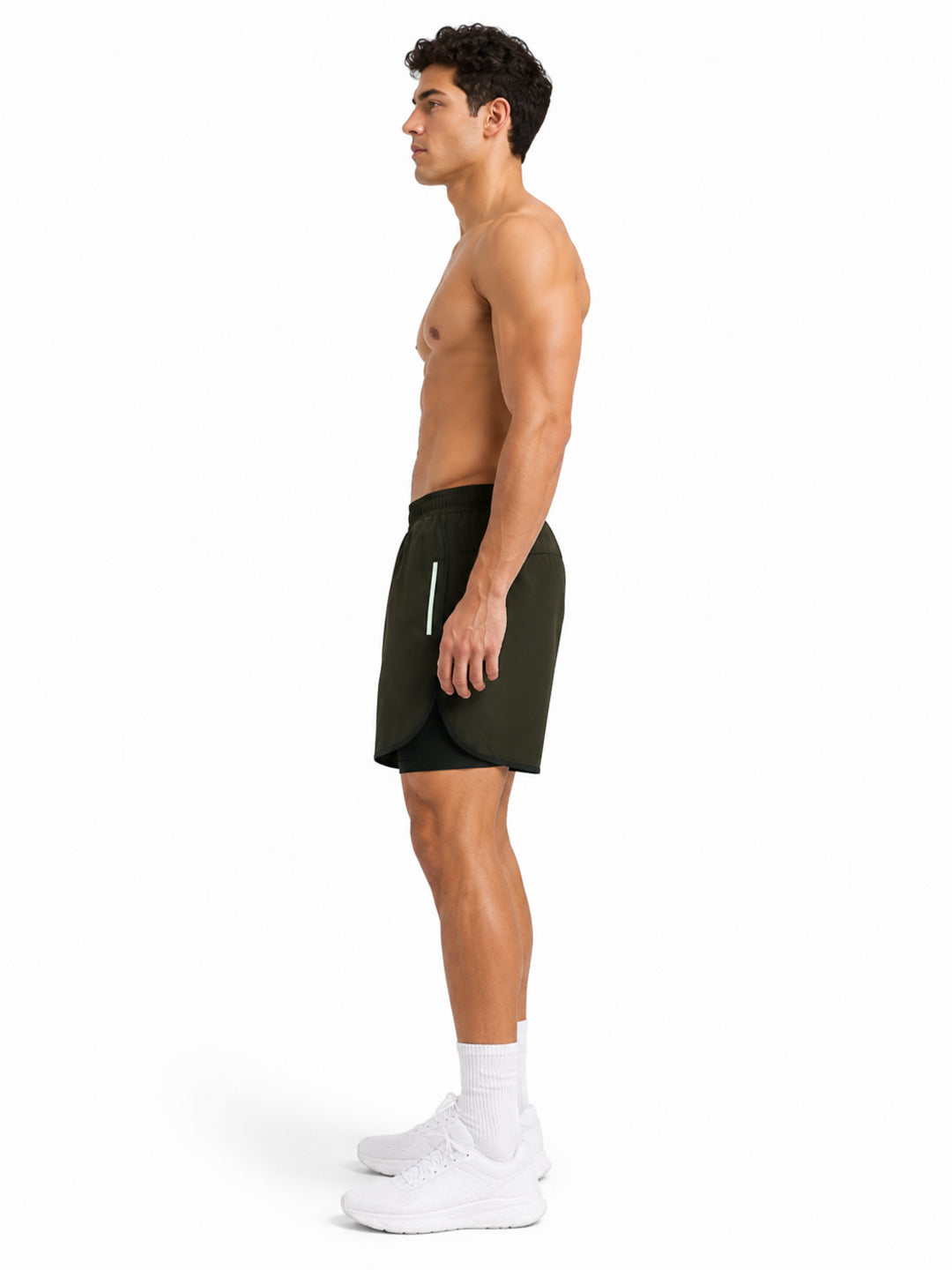 Men Double Layered Sports Running Shorts Olive Black
