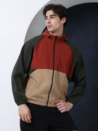 Men Rust Beige Olive Hooded Windcheater Oversized Sports Jacket