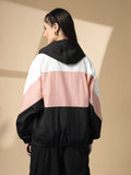 Women Colourblocked Hooded Windcheater Oversized Sports Jacket