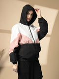 Women Colourblocked Hooded Windcheater Oversized Sports Jacket