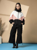 Women Colourblocked Hooded Windcheater Oversized Sports Jacket